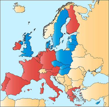 Países de la Unión Europea que pertenecen a la zona Euro (en rojo)